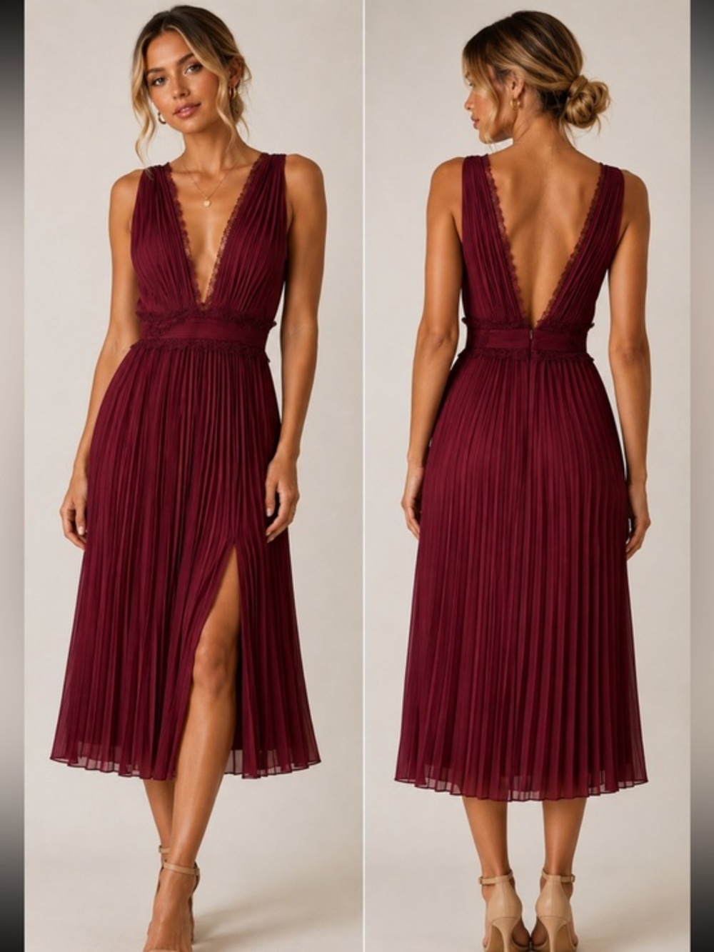 ASOS Burgundy Pleated Lace Deep V Maxi Dress Size 6